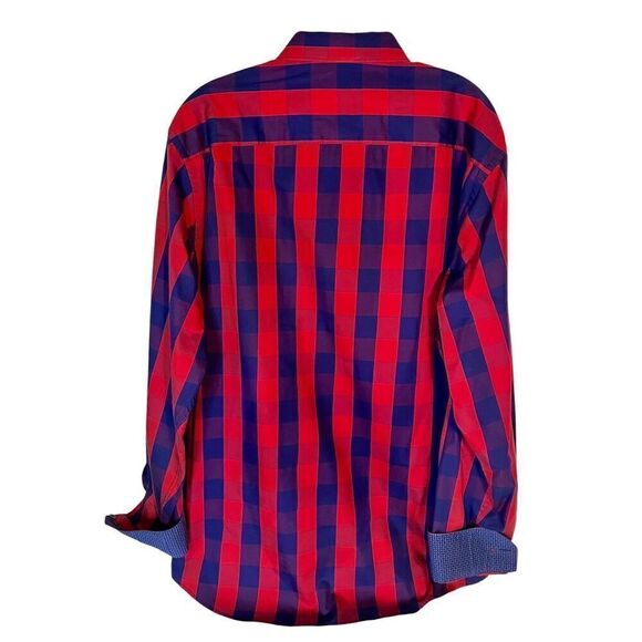Bugatchi Dress Shirt Flip Cuff Plaid Red Blue Classic Button Up Mens Sz Large - Picture 3 of 8